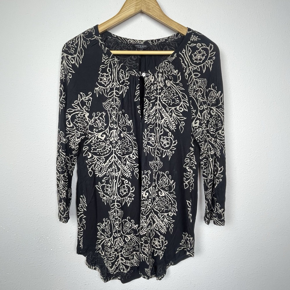 Lucky Brand S Peasant Top Black Tan Print Long Sleeve Casual Boho‎ Viscose